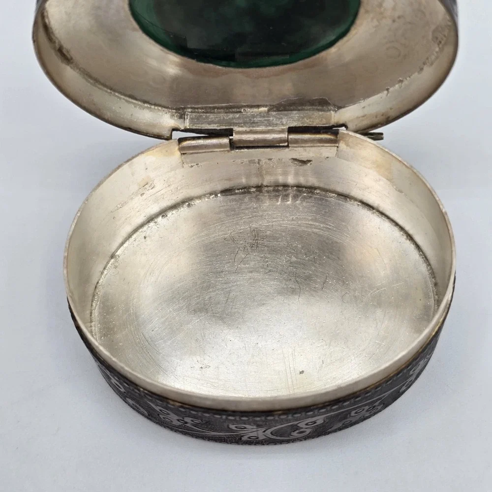Vintage Antique Sterling Silver Malachite Stone Trinket Box‎